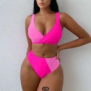 Hot pink Color block high waisted bikini swimsuit